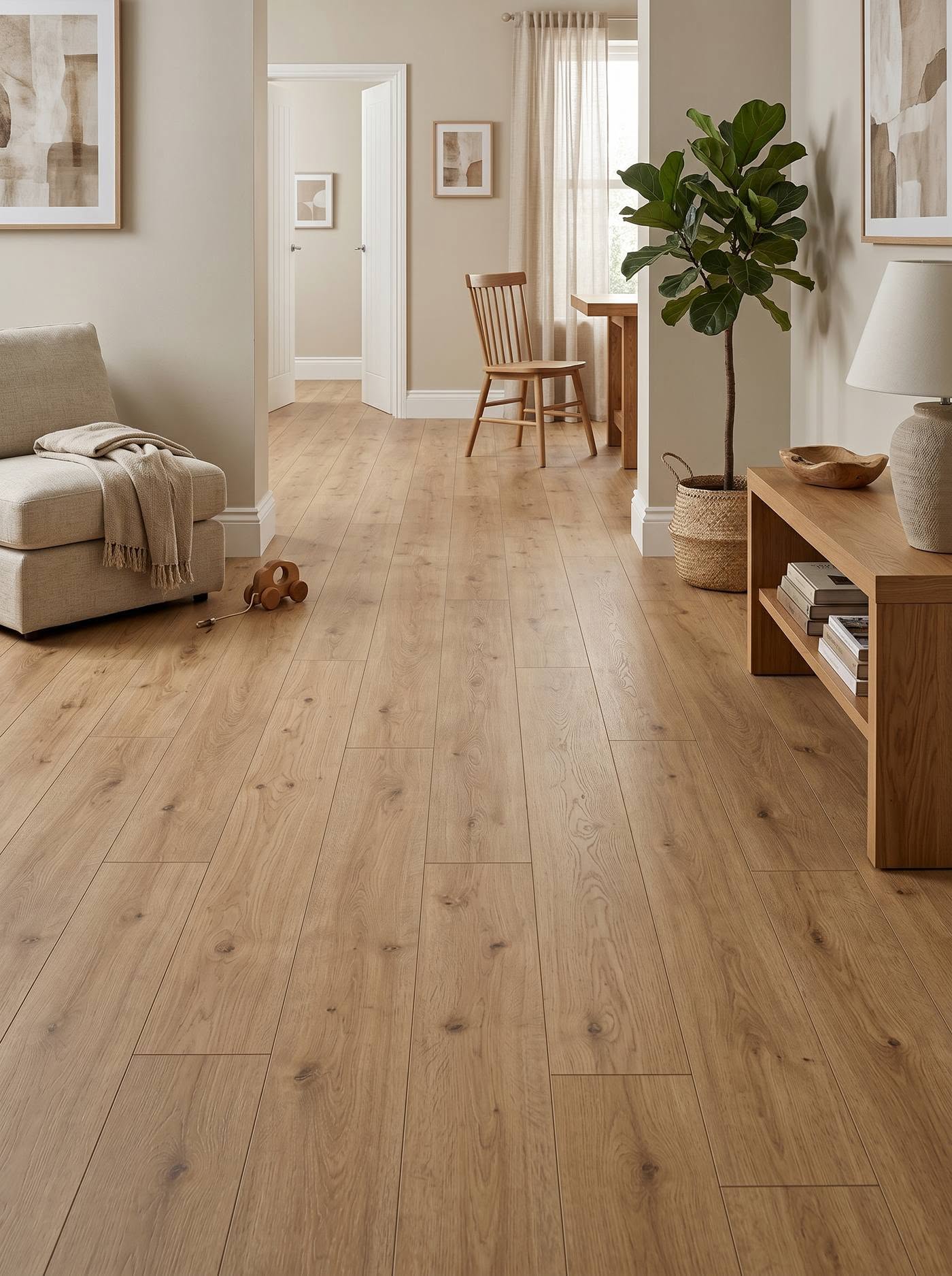 Bright modern living space with natural oak laminate flooring