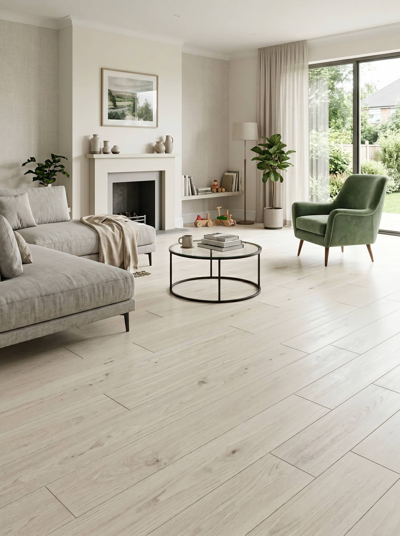 Light laminate flooring in a bright modern room