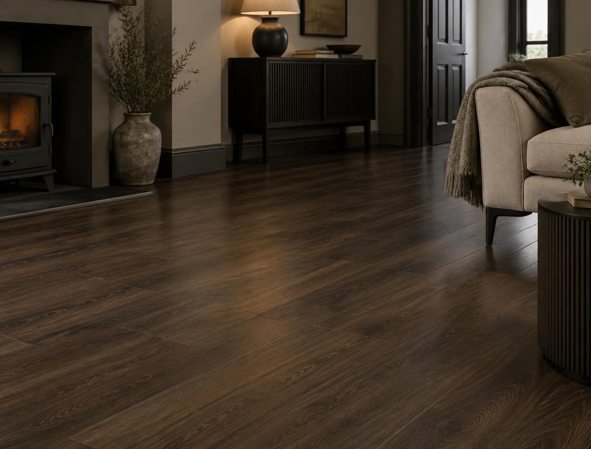 Sophisticated room with dark smoked-oak laminate flooring across the floor