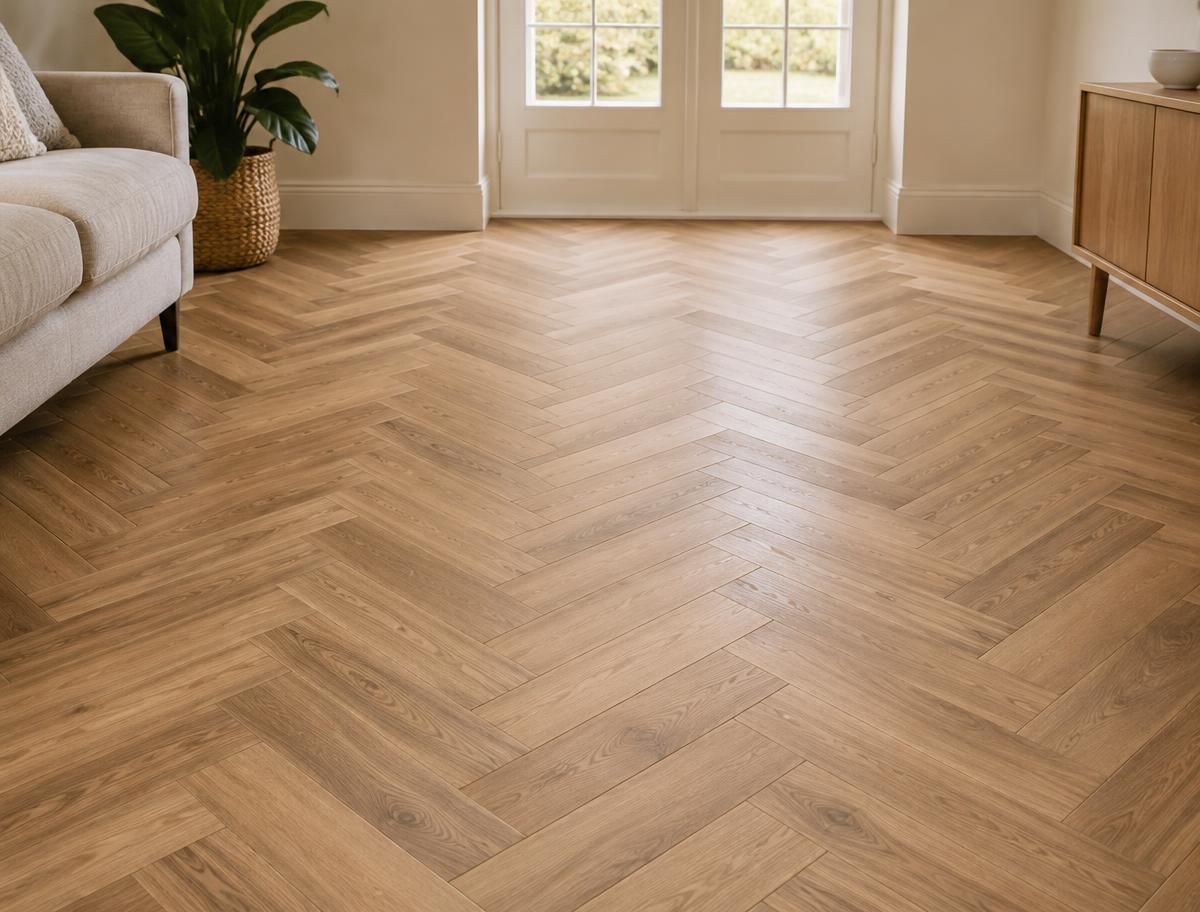 Room with clearly defined herringbone-pattern laminate flooring across the floor