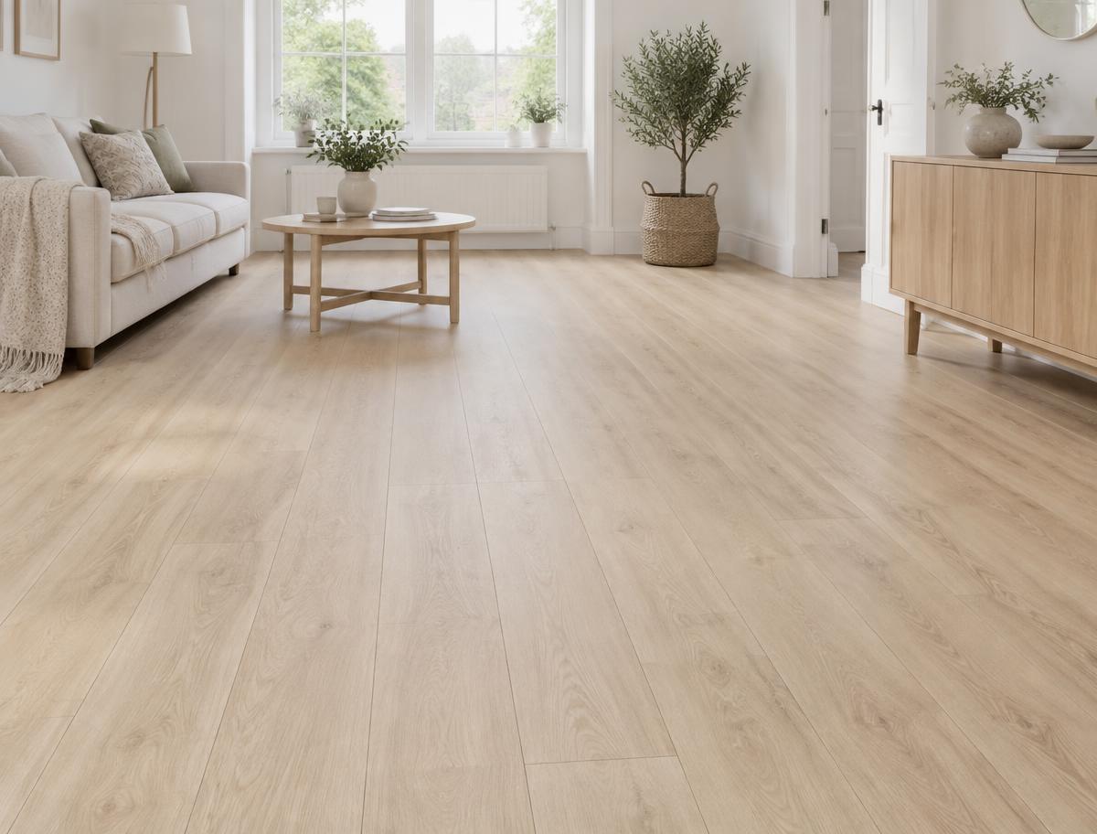 Bright contemporary room with pale oak laminate flooring across the floor