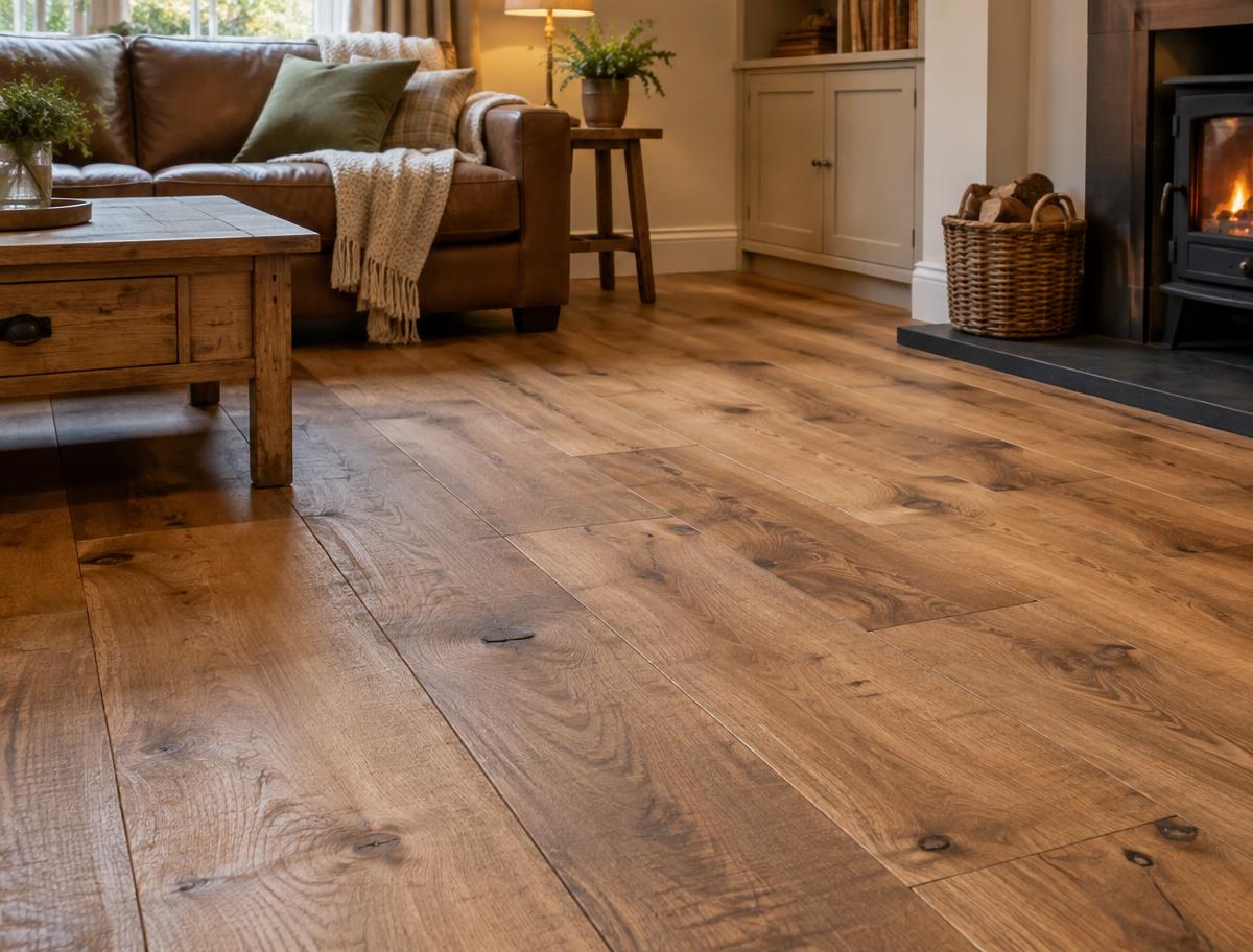 Comfortable family room with rustic wood-effect laminate planks across the floor