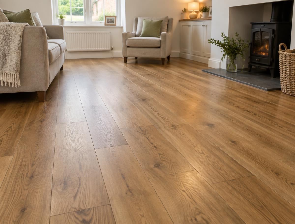 Living room with warm medium-oak laminate plank flooring clearly visible across the floor
